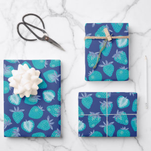 Feuille De Papier Cadeau Motif aux fraises bleues