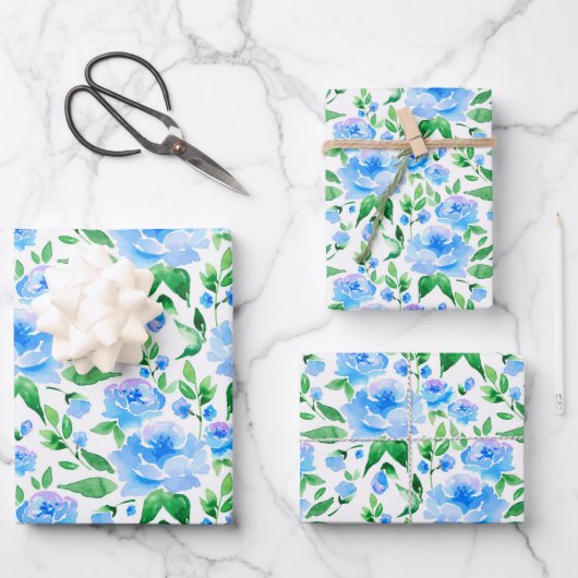 Feuille De Papier Cadeau Motif avec fleurs d'aquarelle bleue (Recto)
