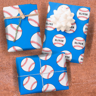 Feuille De Papier Cadeau Motif Ball Bleu de baseball Nom des enfants