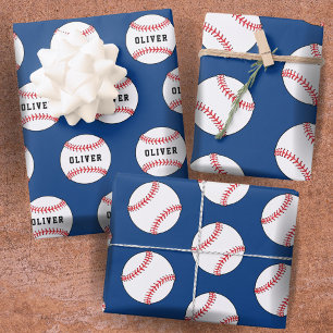 Feuille De Papier Cadeau Motif Ball Bleu de baseball Nom des enfants