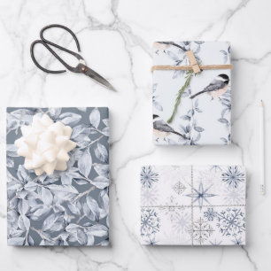 Feuille De Papier Cadeau Motif bleu gris du feuillage d'hiver