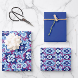 Feuille De Papier Cadeau Motif bleu mauve, saphir et poudre