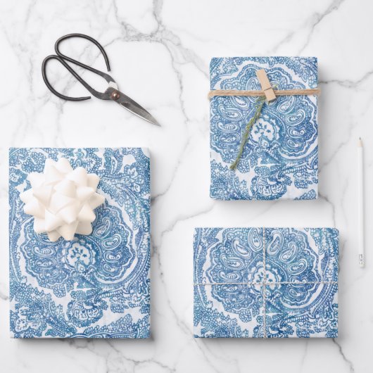 Feuille De Papier Cadeau Motif Blue Boho Paisley (Recto)
