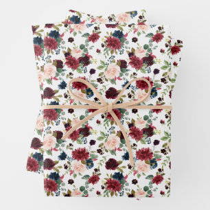 Feuille De Papier Cadeau Motif botanique à l'aquarelle en bordeaux et bleu 