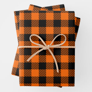 Feuille De Papier Cadeau Motif carreau de Thanksgiving en noir et orange