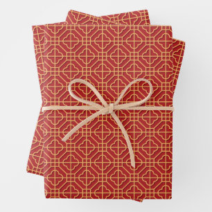 Feuille De Papier Cadeau Motif chinois rouge et or