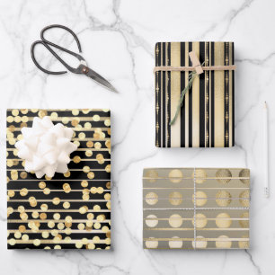 Feuille De Papier Cadeau motif classique élégant à la confetti noire d'or