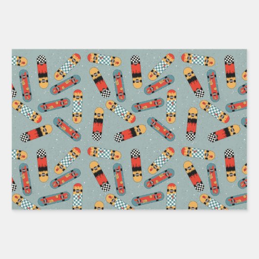 Feuille De Papier Cadeau Motif Cool bleu Retro Skateboard (Devant 2)