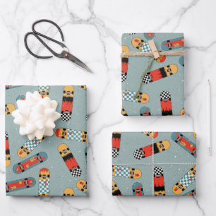 Feuille De Papier Cadeau Motif Cool bleu Retro Skateboard