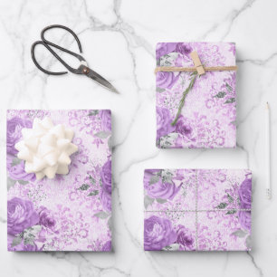 Feuille De Papier Cadeau Motif damassé floral argent lavande vintage