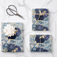 Motif damassé floral or et bleu vintage