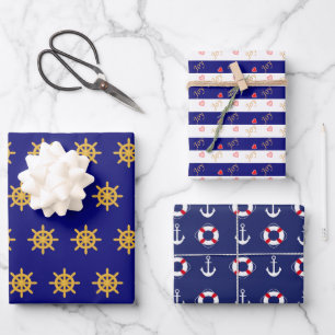 Feuille De Papier Cadeau Motif d'ancre nautique et de roue de navire sur fo