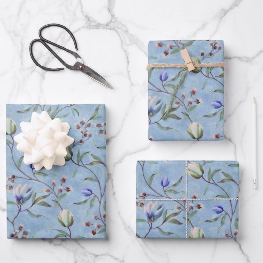 Feuille De Papier Cadeau Motif d'anémones de tulipes bleues et blanches (Recto)