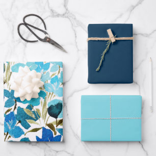 Feuille De Papier Cadeau Motif d'aquarelle bleu Fleur sauvage