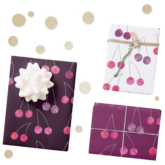 Feuille De Papier Cadeau Motif d'aquarelle de cerises