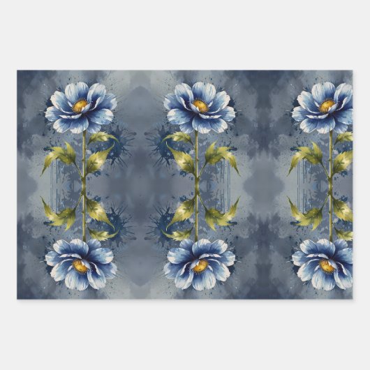 Feuille De Papier Cadeau Motif d'aquarelle de fleurs bleues (Devant 3)