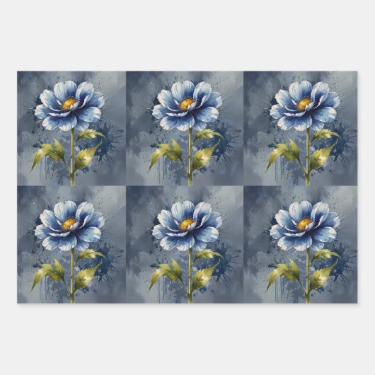Feuille De Papier Cadeau Motif d'aquarelle de fleurs bleues (Devant 2)