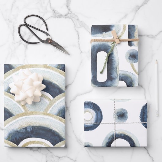 Feuille De Papier Cadeau Motif d'aquarelle marbré d'or bleu (Recto)