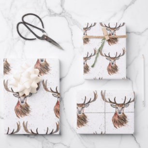 Feuille De Papier Cadeau Motif d'aquarelle Noël cerf Bois Brown