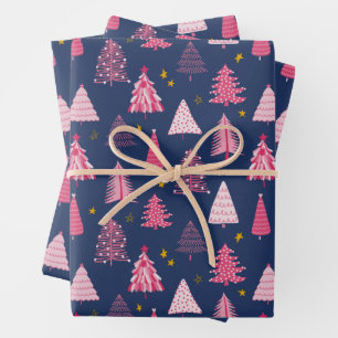 Feuille De Papier Cadeau Motif d'arbre de Noël bleu et rose