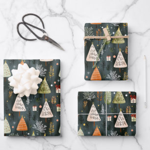 Feuille De Papier Cadeau Motif d'arbre de Noël en pin nordique scandinave