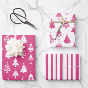 Feuille De Papier Cadeau Motif d'arbre de Noël rose et blanc festif