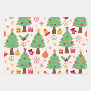 Feuille De Papier Cadeau Motif d'arbres de Noël rétro groovy des années 70