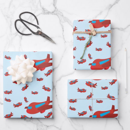 Feuille De Papier Cadeau Motif d'avion rouge et bleu (Recto)