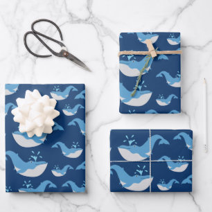 Feuille De Papier Cadeau Motif de baleines de l'océan bleu profond
