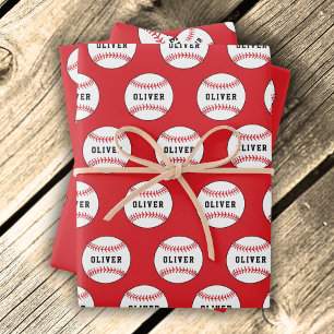 Feuille De Papier Cadeau Motif de balle de baseball Nom des enfants Anniver