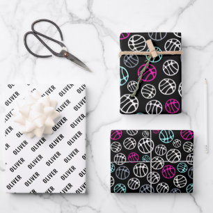 Feuille De Papier Cadeau Motif de balle de basket-ball Sport Nom noir et bl