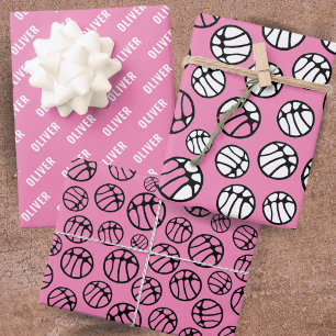 Feuille De Papier Cadeau Motif de ballon de basket-ball rose nom