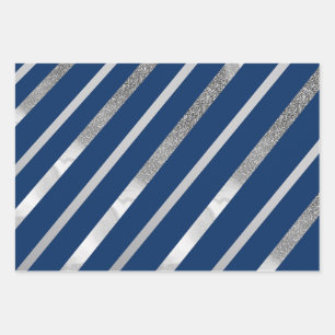Feuille De Papier Cadeau Motif de bandes diagonales en argent et bleu