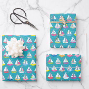 Feuille De Papier Cadeau Motif de bateau à voile Pastel