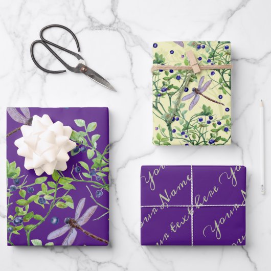 Feuille De Papier Cadeau Motif de bleuets avec libellules (Recto)