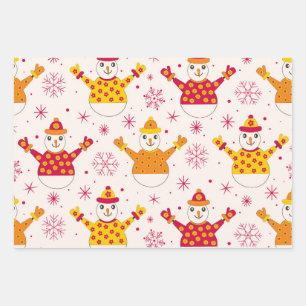 Feuille De Papier Cadeau Motif de bonhommes de neige rétro groovy pour Noël