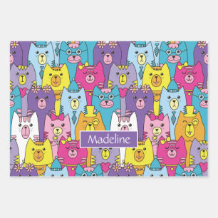 Feuille De Papier Cadeau Motif de chats caricaturés aux couleurs pures