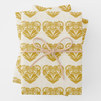 Feuille De Papier Cadeau Motif de cœur décoratif doré moutarde rustique