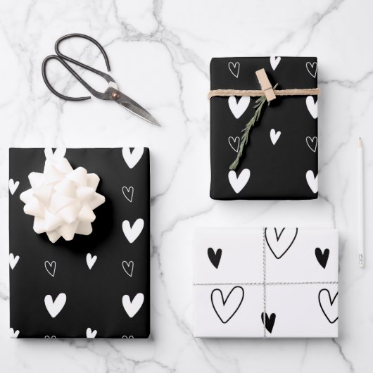 Feuille De Papier Cadeau Motif de coeur scandinave mignon noir et blanc (Recto)