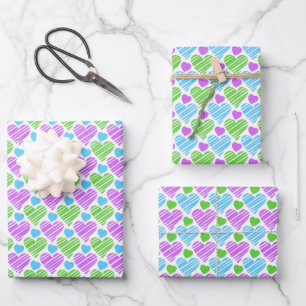 Feuille De Papier Cadeau Motif de cœurs bleu vert violet