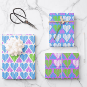 Feuille De Papier Cadeau Motif de cœurs bleu vert violet vibrant 