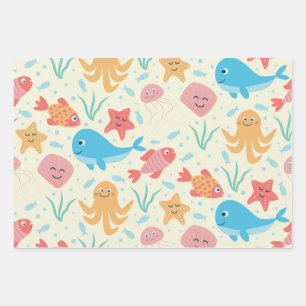 Feuille De Papier Cadeau Motif de créatures colorées drôles sous la mer 