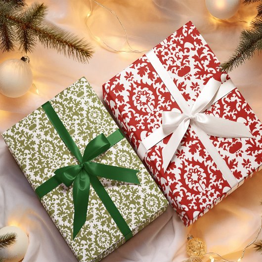 Feuille De Papier Cadeau Motif de Damas Rouge Vert Noël
