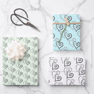 Feuille De Papier Cadeau Motif de deux Coeurs Liés Gris