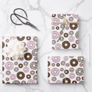 Feuille De Papier Cadeau Motif De Donuts, Donuts Roses, Donuts Brown