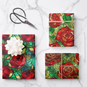Feuille De Papier Cadeau Motif de faux vitrail de rose rouge élégant