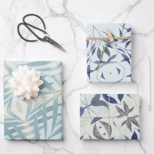 Feuille De Papier Cadeau Motif de feuillage bleu scintillant