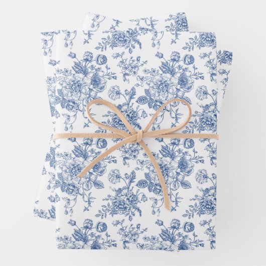 Feuille De Papier Cadeau Motif de fleurs bleues (En situation)