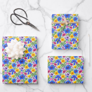 Feuille De Papier Cadeau Motif de fleurs bleues jaunes rouges violettes viv