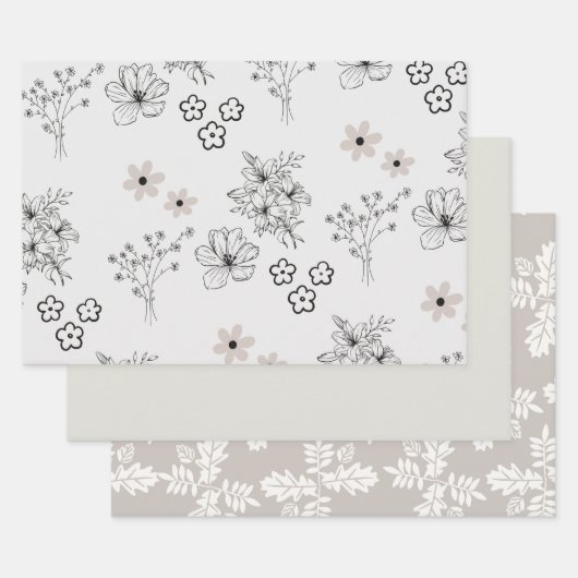 Feuille De Papier Cadeau Motif de fleurs hippie gris noir rétro Y2K (Lot)